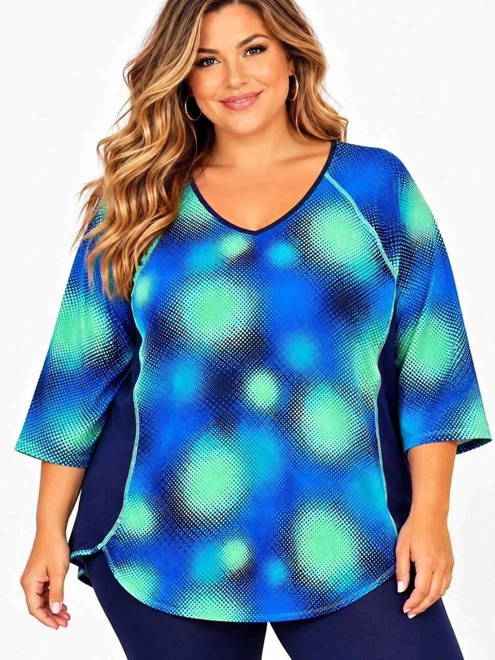 d&co. Active 2X Blue Green Abstract Print Long Sleeve Tunic Top
